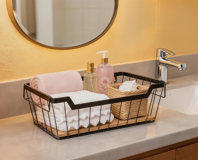 ShabbyDecor Metal Wire Basket with Handles Storage Organizer Stackable Organizing bin for Cabinet Shelf Countertop Under Sink Pantry for Kitchen,Bathroom,Laundry Closet, 1 Pack