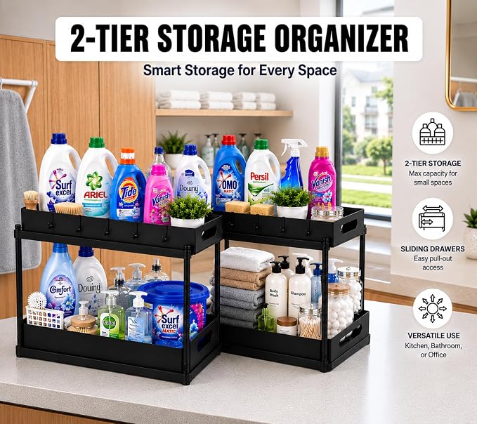 2 Pack Under Sink Organizer, Pull-Out Cabinet Storage Organizers for Bathroom & Kitchen, Multi-Purpose Under Counter Shelf Rack for Cleaning Supplies, Bottles & Toiletries, Cabinet Organizer-Black
