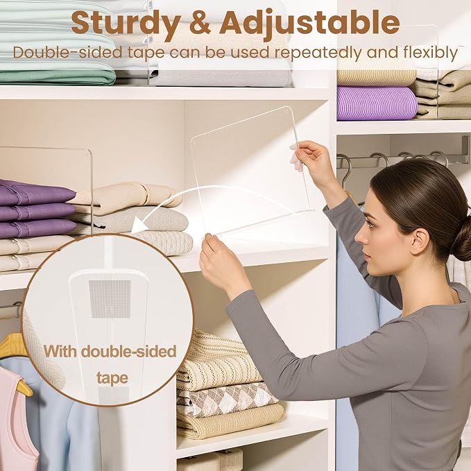 Purse Organizer for Closet Shelf Dividers: 8 Pack Acrylic Clear Vertical, T-Shaped Base, Fit Any Shelf Thickness, No Tools Needed 5-Second Install, Storage for Handbags, Clothes, Towels, 11.03"x8.07"