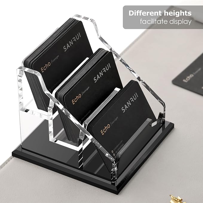 SANRUI Black Business Card Holder for Desk 3 Slot , Clear Acrylic Horizontal Name Card Stand for Women and Men, Desktop Organizer Display for Office Home Exhibition - 180 Card Capacity 1 Pack