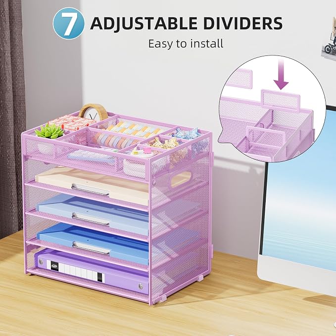 Marbrasse 5 Tier Mesh Desk File Organizer, Purple | Letter Tray, With Handle, Paper Sorter, Adjustable