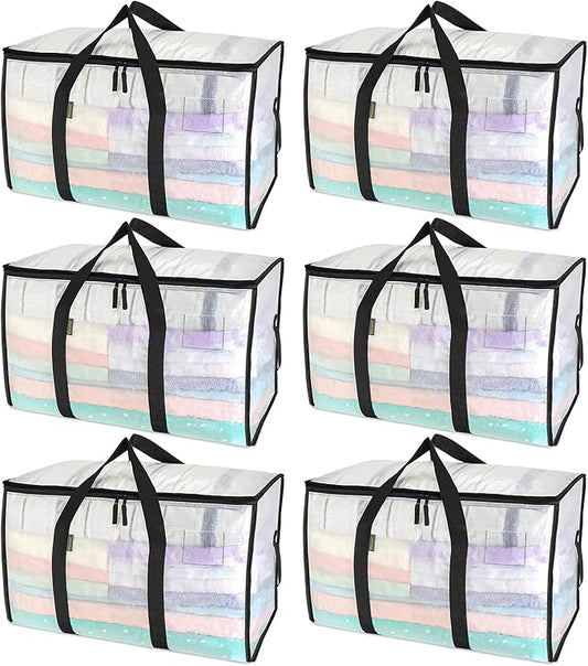 BALEINE 6-Pack Oversized Moving Bags with Reinforced Handles, Heavy-Duty Storage Tote for Clothes, Moving Supplies (Clear, 6-Pack)