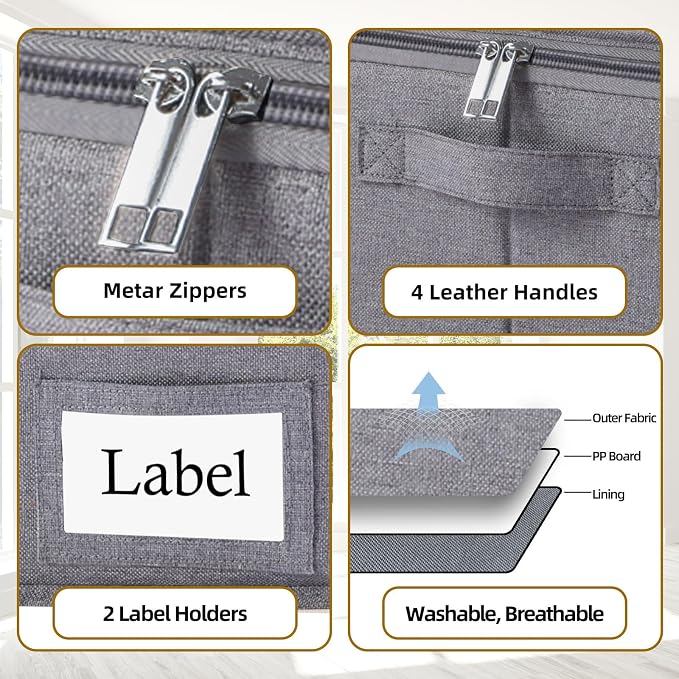 Yawinhe Underbed Bags, Storage Containers Bags with Lid, Foldable Blanket Bins, with Sturdy Zipper und Label Holders, for Clothing, 23.6''Lx11.8''Wx6''H, 4 Pack, Grey