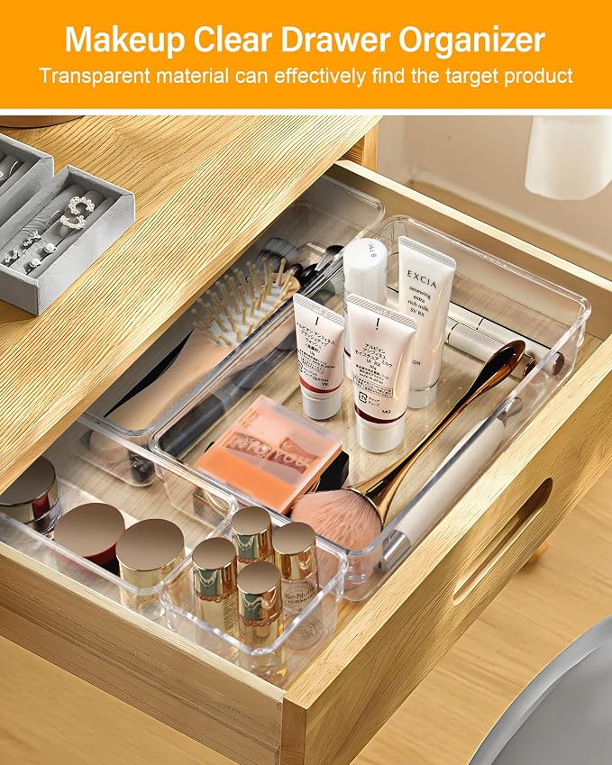 25 PCS Clear Plastic Drawer Organizers and Dividers, 4 Sizes Stackable Drawer Storage Bins and Organizer Trays for Bathroom, Kitchen, Office, Makeup, Vanity, Utensils, and Crafts