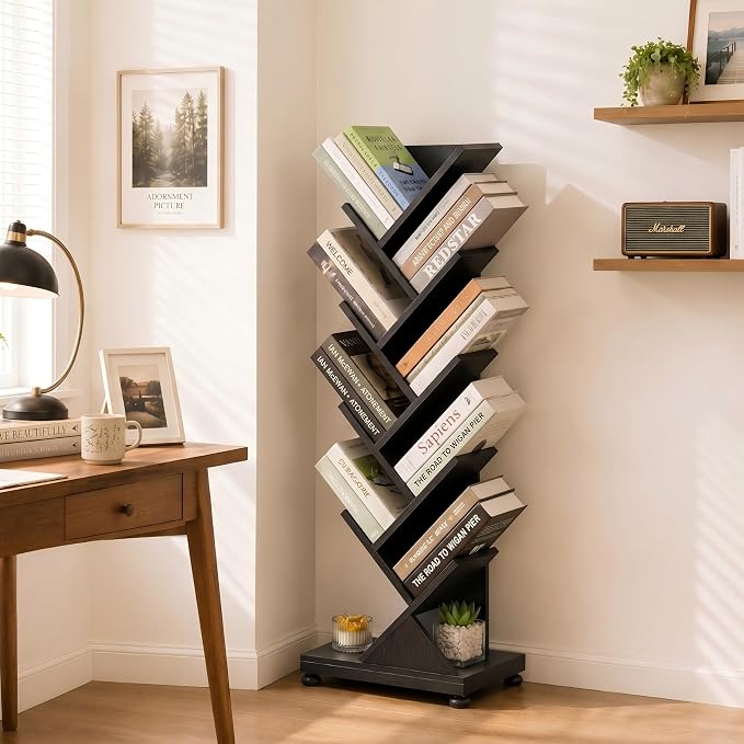 ruboka 9 Tier Tall Tree Bookshelf, Small Bookcase 11.8"*7.4"*38.4" (Black) | Retro Narrow Bookshelves for CDs/Magazines, Book Shelf for Bedroom, Living Room, Office, Balcony, Study Room