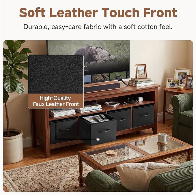 StorageWorks Black Storage Bins, Leather Front Fabric Storage Bins with Handles, Closet Organizers and Storage Bins, Organizer Baskets for Shelves and Closet, Collapsible Storage Baskets, 4-Pack