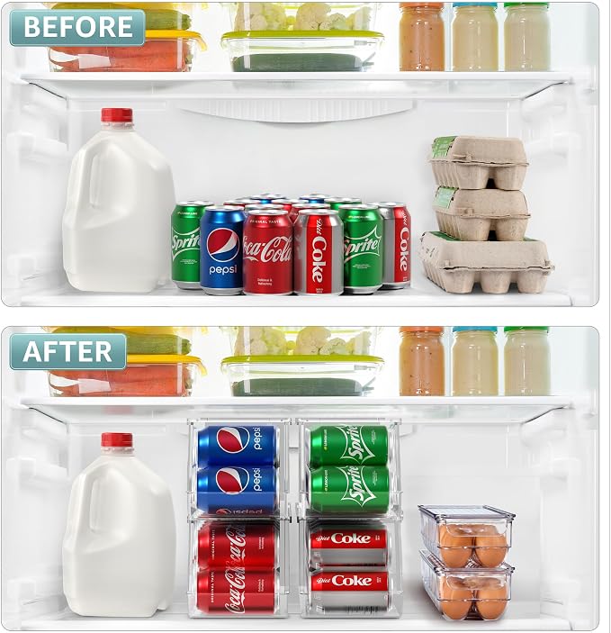 Sorbus Soda Can Organizer for Refrigerator & Egg Holder for Fridge Set, 4 Stackable Can Holder Dispenser Holds 12 Cans Each & 2 Egg Holders with Lid holds 14 eggs for Fridge, Pantry, Freezer, BPA-Free