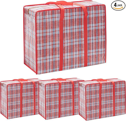 Heavy Duty Extra Large Moving Bags, 168L Oversize Organizer Storage Bags With Durable Zippers for Clothes Comforter Pillow, Waterproof Totes for Carrying Camping Bedding (Set of 4) - Red Checkered