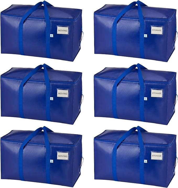 VENO 6 Pack Heavy Duty Moving Bags, 90L Extra Large Moving Boxes Alternative, 50lbs Load,Wraparound Handles,Zippers & Tag,Packing Supplies for College Dorm Essentials, Clothes Storage(Blue)
