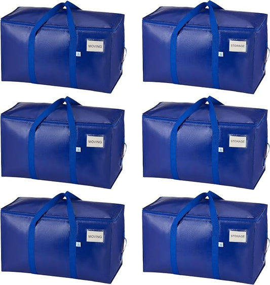 VENO 6 Pack Heavy Duty Moving Bags, 90L Extra Large Moving Boxes Alternative, 50lbs Load,Wraparound Handles,Zippers & Tag,Packing Supplies for College Dorm Essentials, Clothes Storage(Blue)