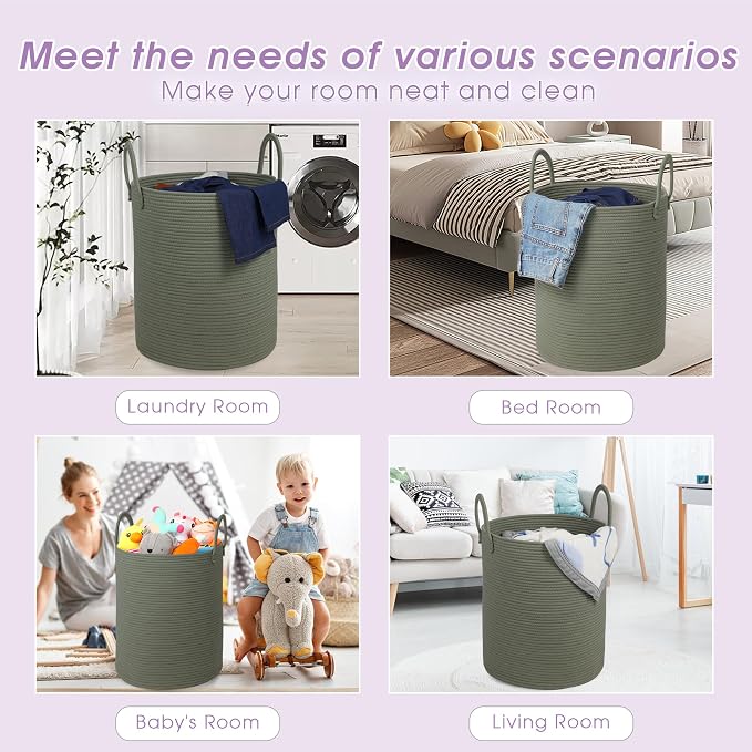 Large Laundry Basket,Laundry Hamper,15''x18'' Cotton Rope Storage Basket with Handles,baby hamper,Nursery Blanket Storage Living Room,toy basket,kids laundry(Green)
