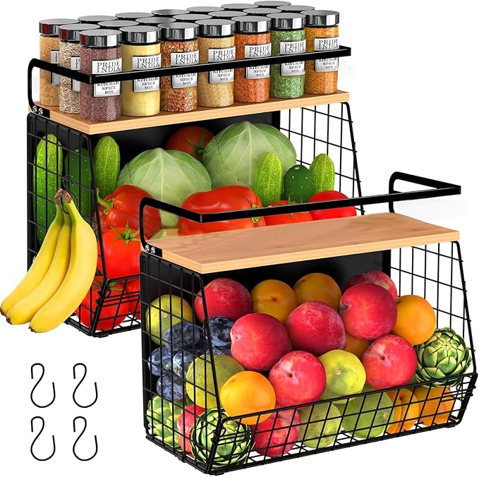 2 Pack Magnetic Spice Storage Rack Organizer for Refrigerator, Magnetic Shelf for Fridge with Wood Lid, Organizer for Kitchen & Laundry, Potato and Onion Storage Bins, Large Container, Strong Magnets