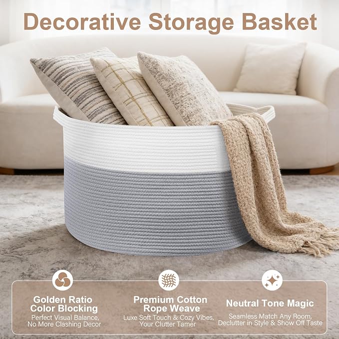 XXXL Large Laundry Basket, 105L Soft Cotton Rope Basket, Blanket Storage and Organizers, Baby Nursery Laundry Hamper, Extra Large Toys Storage Bins for Kids 23.6'' x 14.6'', White & Gray