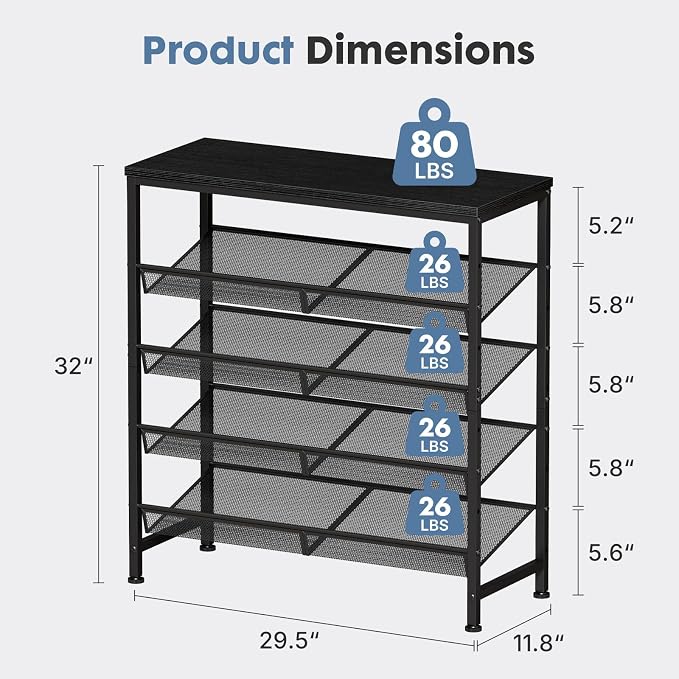 DUMOS 5-Tier Shoe Rack, Mesh Shelves & Wooden Top, Holds 20 Pairs, Black | Adjustable shelves lay flat or angled, metal frame with leveling feet, fits entryways & closets, industrial black finish