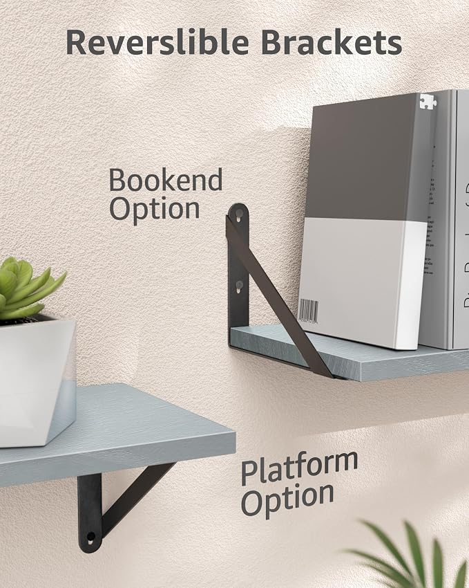 COCOYA Wall Shelves 7.3" Deep Solid Paulownia Wood (Grey, Set of 4) | 15mm Thick, Wider & Longer & Stronger, Easy to Install, Floating Shelf for Room Wall, Bedroom, Office, Decor & Storage