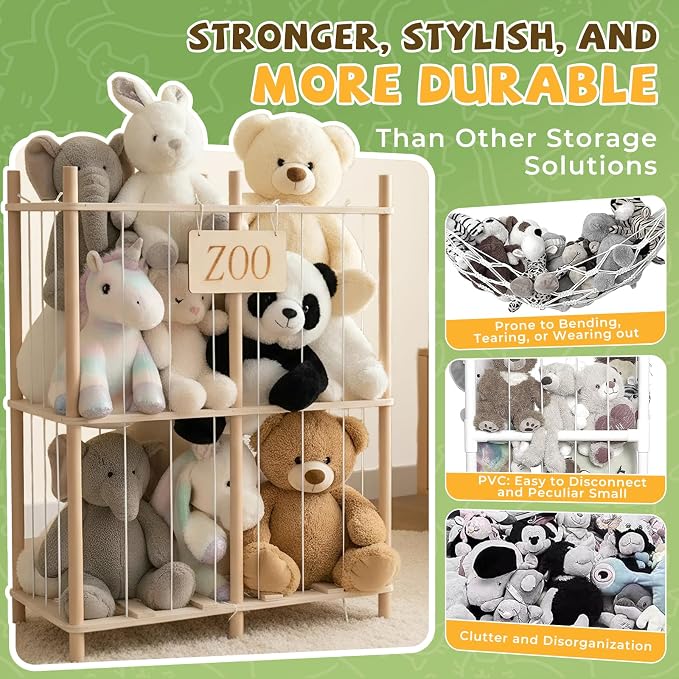 aiwo 30" Extra Wide Large Stuffed Animal Storage Toy Organizer, 38.4" Tall Wooden Display Organizer Holds 70+ Plushies for Kids Room, Playroom, Bedroom, Nursery Decor