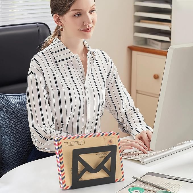 Desktop Metal Mail Holder,Letter Organizer for Desk(Black) | Modern,Cutout Envelope Design,Envelope and Document Storage Rack for Home and Office