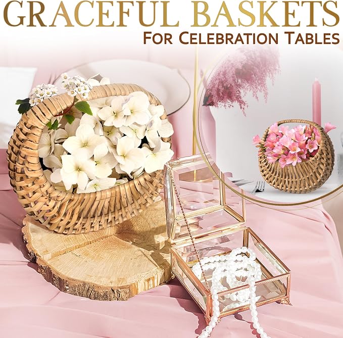 Flower Girl Basket Set of 2, Rattan, 6.3" x 5.12" x 3.75" | Rustic Small Wicker Baskets with Handle & Waterproof Lining; for Wedding, Bridal Shower, Flower Petals, Gifts & Photo Props