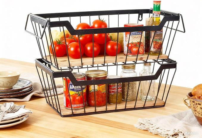 ShabbyDecor Metal Wire Basket with Handles Storage Organizer Stackable Organizing bins for Cabinet Shelf Countertop Under Sink Pantry for Kitchen,Bathroom,Laundry Closet,Set of 2pcs