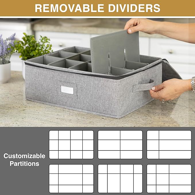 Cup Storage Container - 16" x 13" x 6"H - Holds 12 Coffee Cups - Tea Cups - Mugs - Hard Shell and Stackable - Includes Insert Card for Labeling and Padded Dividers