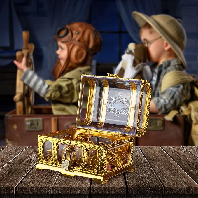 Treasure Chest with Lock and Key,Pirate Theme Party Favors for Kids,Transparent Golden Pirate Chest