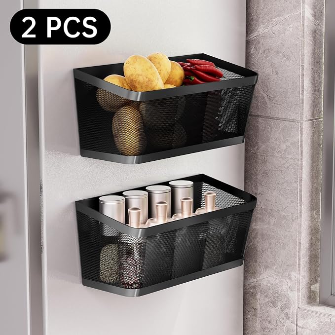 2Pcs Magnetic Spice Rack for Fridge Magnet Hanging Basket Holder for Seasonings Fruit Vegetables Coffee Beans Magnetic Organizer Shelf, Kitchen Refrigerator Organizers