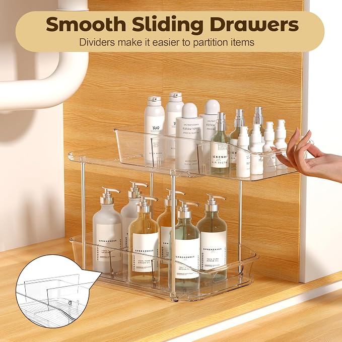 Incostar 2 Tier Pull-Out Organizer for Bathroom Kitchen, Under Sink Storage with Dividers, Ideal for Cabinet, Cupboard Organization, Slide-Out Clear Storage, 2 Pack