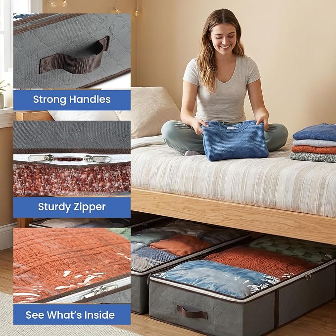 Underbed Storage Bags 4-Pack - Foldable Under Bed Storage Organizer for Clothes, Bedroom Blankets, Comforter, Pillows, Linen Sheets, Towels, Sweaters, Shoe Drawers - Ideal for College Dorms (Grey)