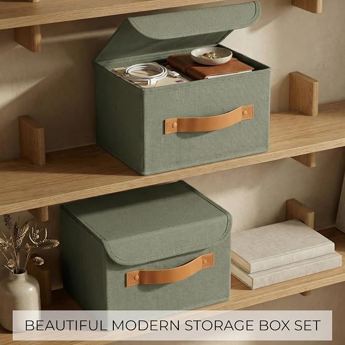 Decorative Linen Storage Boxes with Lids - Spacious Set of 2 Organizer Bins for Your Home Decor - The Perfect Small Container to Safely Store Photos, Documents and Memory Box Keepsakes in Style