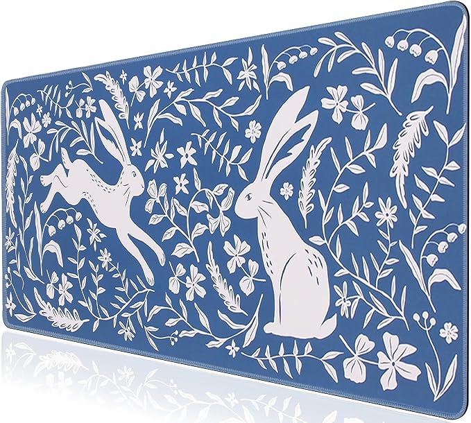 L-SPOUTTO Blue Floral Desk Mat for Keyboard and Mouse,Boho XXL Gaming Mouse Pad,Large 35.4x15.7in Non-Slip Rubber Base Keyboard Pad Waterproof Desktop Mat for Laptop Computer Work Home Office-Rabbits