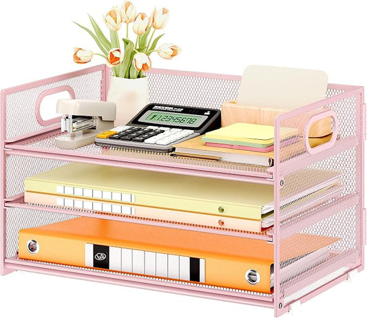 Subekyu 3 Tier Paper Letter Tray Organizer for Desk, Pink Metal Mesh File Folder Sorter Organizer with Handle and 1 PC Sliding Tray for Home Office School Desk Supplies Organization Storage