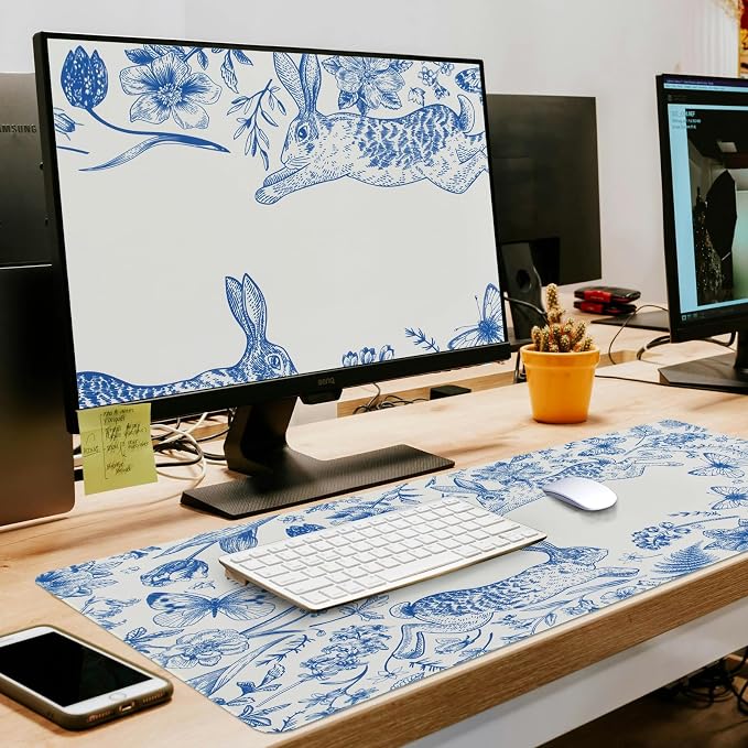 L-SPOUTTO Blue Floral Desk Mat for Keyboard and Mouse,XXL Gaming Mouse Pad | Large 35.4x15.7in Non-Slip Rubber Base Keyboard Pad ,Waterproof Desktop Mat for Laptop Computer Work Home Office