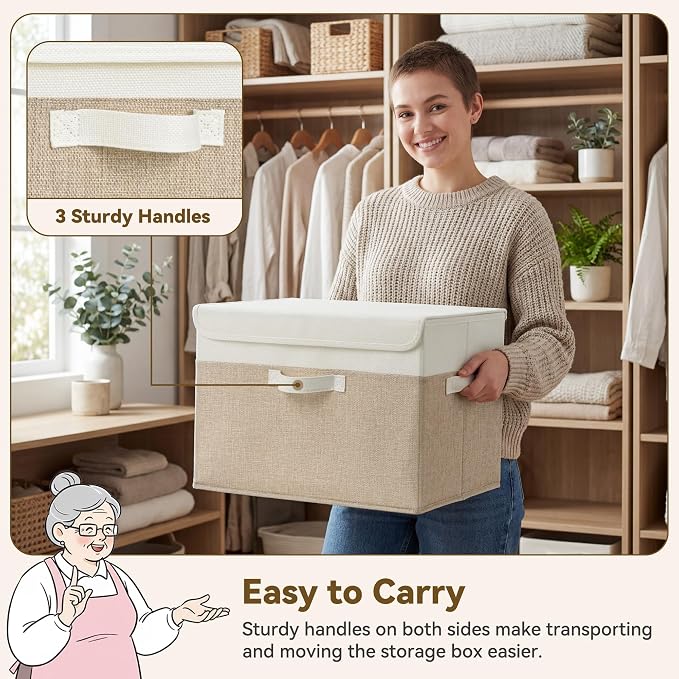 GRANNY SAYS Storage Boxes with Lids, Decorative Storage Bins, Shelf Baskets, Clothes Storage and Organization, White/Khaki, 4-Pack