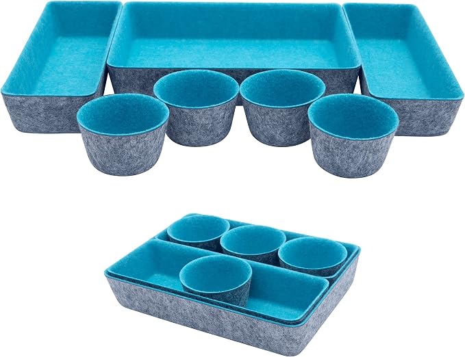 Teeo - Desk Organizer Drawer - Makeup Drawer Organizer Trays - Bathroom Drawer Organizer - Small Desk Organizer - Home Office Cosmetic Bins Dividers Compartment Organization - Pack of 7, Turquoise