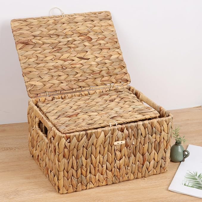 Moosky Wicker Shelf Baskets with Lid, Rectangular Storage Basket Bins with Built-in Handles Handwoven Home Organizer Decor Boxes (Natural, Small)