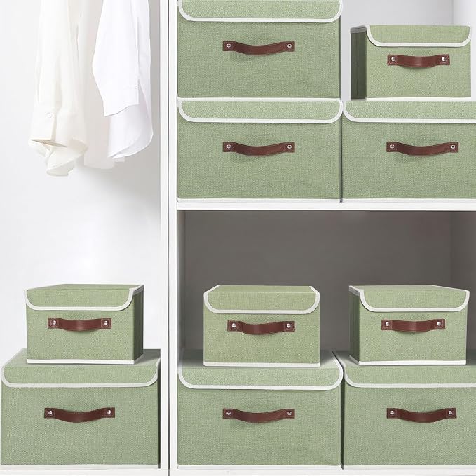 ANMINY 4PCS Storage Bin with Lid Storage Boxes with PU Leather Handles PP Plastic Board Decorative Foldable Lidded Cotton Linen Fabric Home Cubes Baskets Closet Organizer Container - Green, Medium