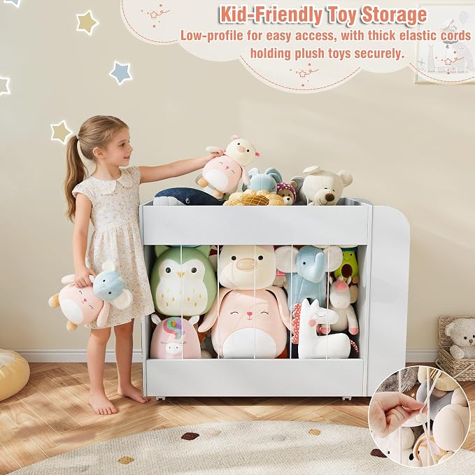3-in-1 Toy Storage Box with Bookshelf and Chalkboard, Large Stuffed Animal Toy Chest on Wheels, Kids Toy Storage Organizer Bin for Kids Room, Nursery & Playroom, for Kids, White