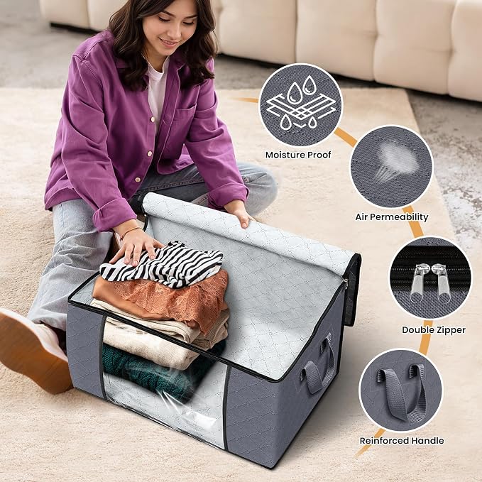 Fab totes Storage Bags,Clothes Blanket Storage Bins Foldable Closet Organizers with Reinforced Handle for Home Dorm Storage and Organization,Fabric Bags for Organizing Sheets,Clothing (Grey,8 Pack)