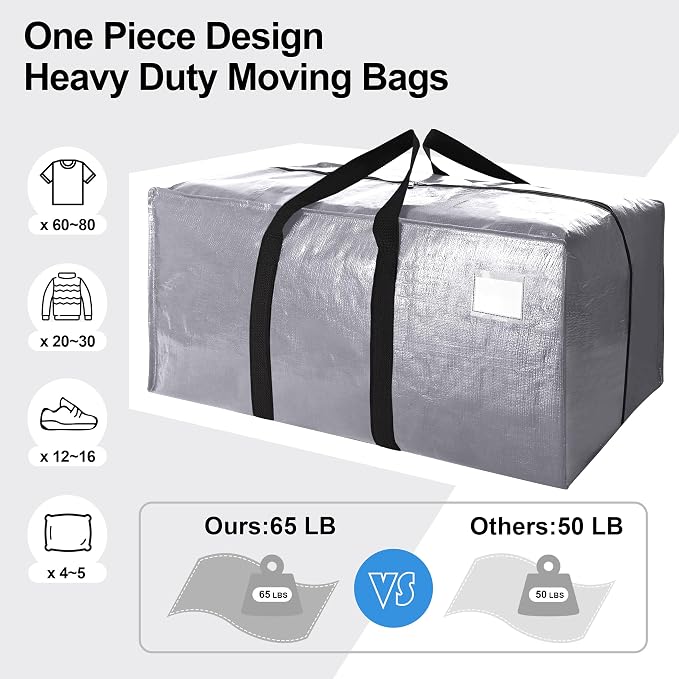 VELVETSURE 12 Pack Heavy Duty Extra Large Moving Bags W/Backpack Straps - Strong Handles & Zippers, Storage Totes For Space Saving, Fold Flat, Alternative to Moving Box and Storage Bin, Silver