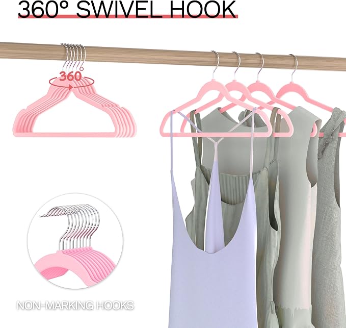Pink Velvet Hangers 20 Pack, Slim Space Saving Suit Hangers for Closet Organizer, Rotating Silver Hook, Non Slip Clothes Felt Hanger Heavy Duty for Coat,Shirt, Pants, Camisole, Dress