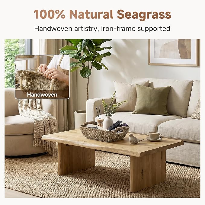 StorageWorks Hand-Woven Large Storage Baskets with Wooden Handles, Seagrass Wicker Baskets for Organizing, 2-Pack
