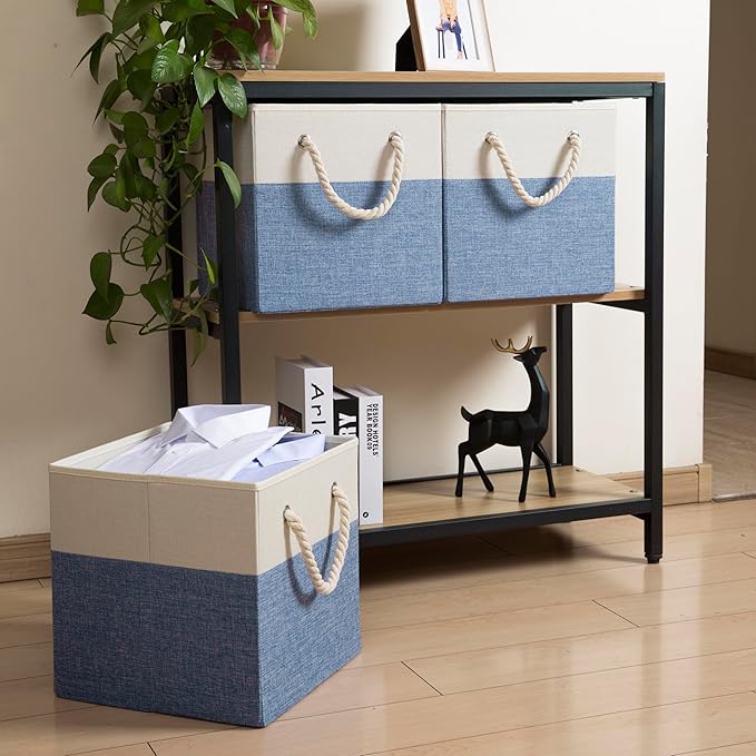 PRANDOM Large Foldable Cube Storage Bins 11x11 inch [4-Pack] Fabric Linen Storage Baskets Cubes Drawer with Cotton Handles Organizer for Shelves Nursery Closet Bedroom Beige/Blue