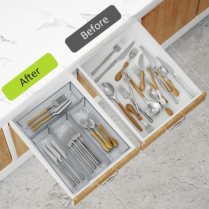 Neudeco Drawer Organizer Set, Silver, 5 Pack | 4-Compartment Silverware Tray, 4 Utensil Trays, Silver Mesh, Non-Slip, For Flatware, Cutlery, Office Supplies