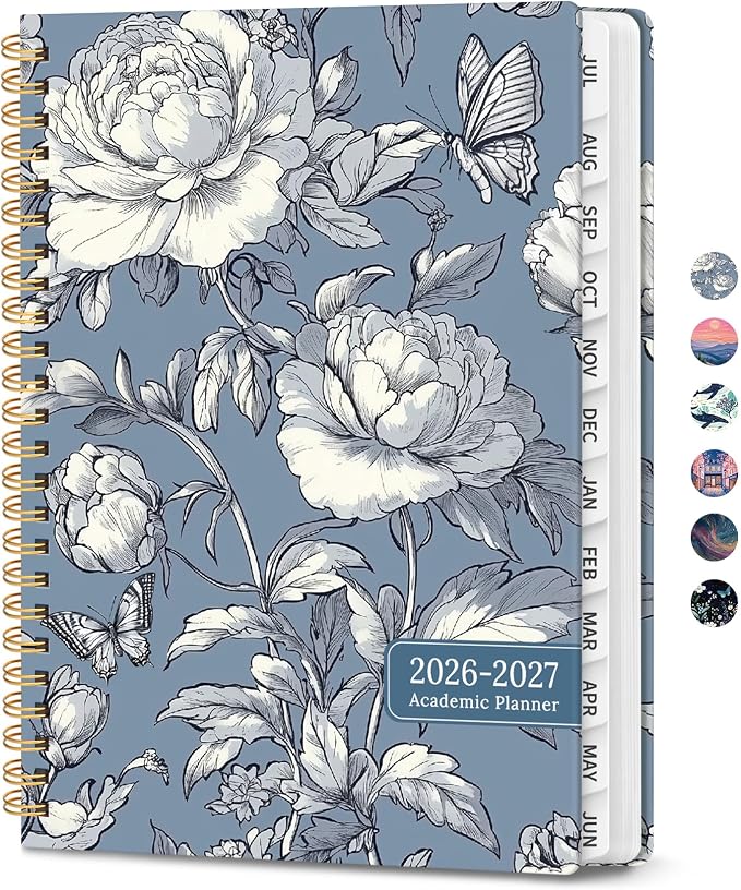 Planner 2026-2027, Hardcover Monthly and Weekly Academic Planner July 2026 - June 2027, Teacher and Student Calendar Agenda Book with Tabs, A5 (6.3" x 8.5"), Ideal for School and Office, Butterfly Peony