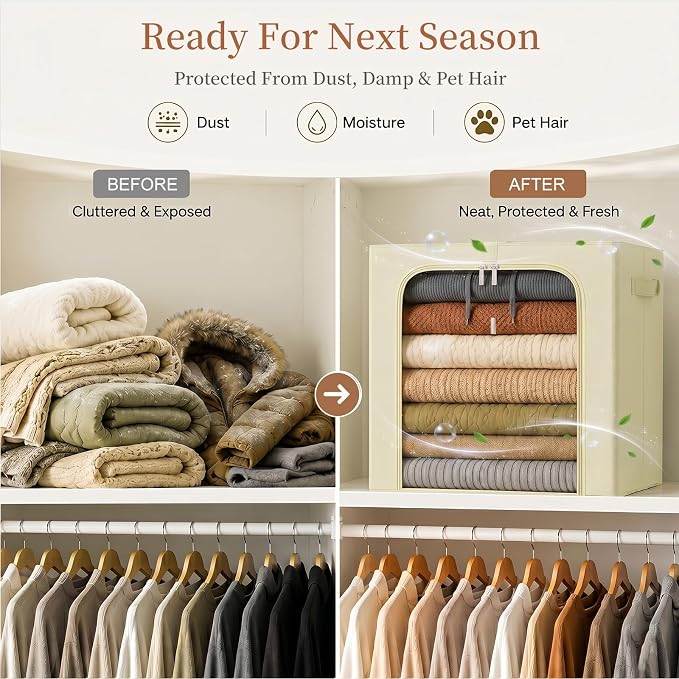 GoMaihe Clothes Storage Bins with Metal Frame, 55L Blanket Storage Boxes for Above Shelf Closet, 6 Pack Stackable Clothing Storage Organizer with Clear Window for Bedding Sweaters Comforters – Beige