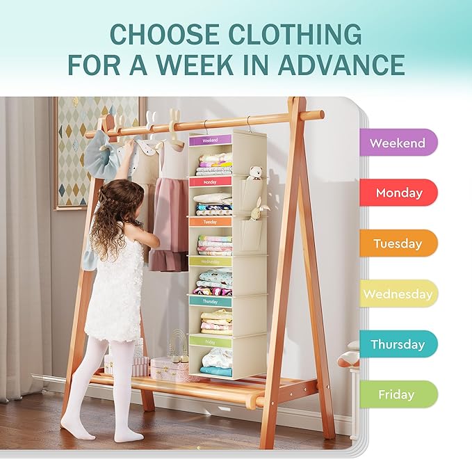 YOUDENOVA 6-Shelf Weekly Hanging Closet Organizer, Weekly Clothes Organizers for Kids with 2 Side Pockets, Beige