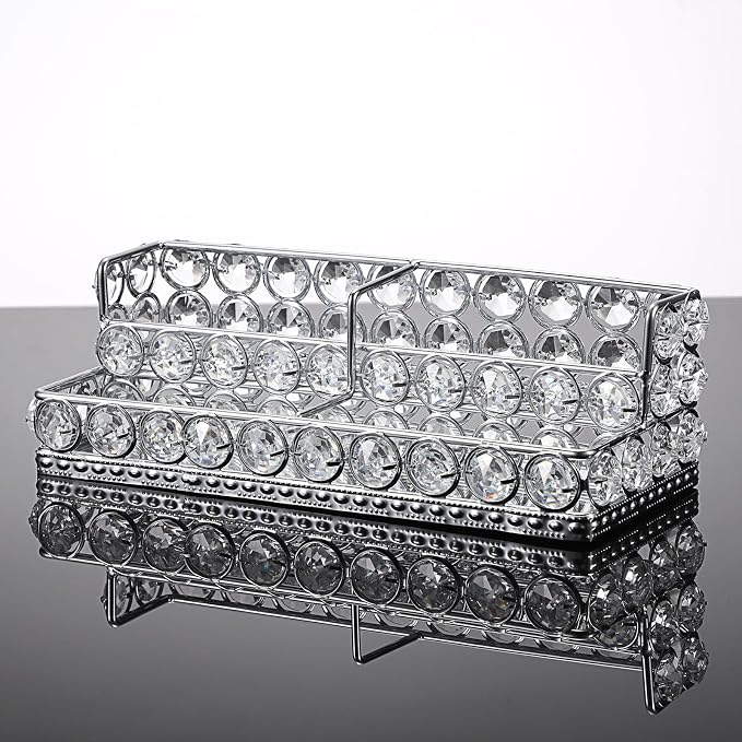 Hipiwe Silver Business Card Display Holder 2 Tiers Crystal Business Card Storage Stand with 4 Slots Office Desktop Organizer for Exhibition