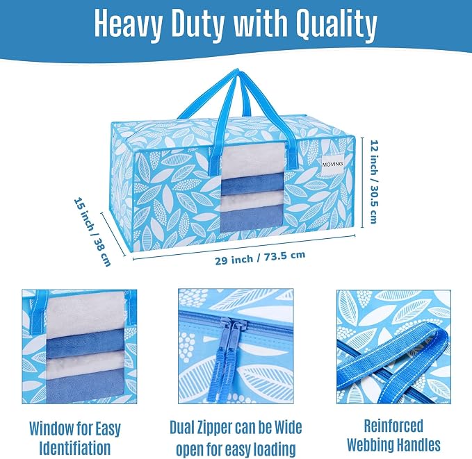 VENO 6 Pack Heavy Duty Moving Bags, Packing Bags with Clear Window, Alternative to Moving Boxes, Storage Bins for Clothes, Blankets, Comforters, College Dorm Essentials (Spring Breeze, 6 Pack)