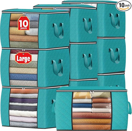 Fab totes 24 Gallons Clothes Storage, Foldable Thick Fabric Blanket Storage Bags, Containers for Organizing Bedroom, Closet, Clothing, Comforter, Organization with Handle (10 Pack,Green)