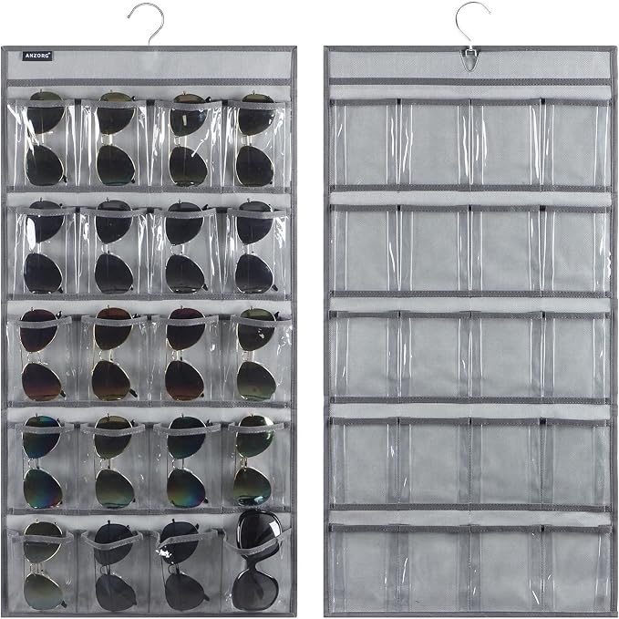 Dual Sided Hanging Sunglasses Organizer Storage Wall Mounted Eyeglasses Holder Eyewear Display Case with 40 Clear Slots (40 Pockets-Grey)